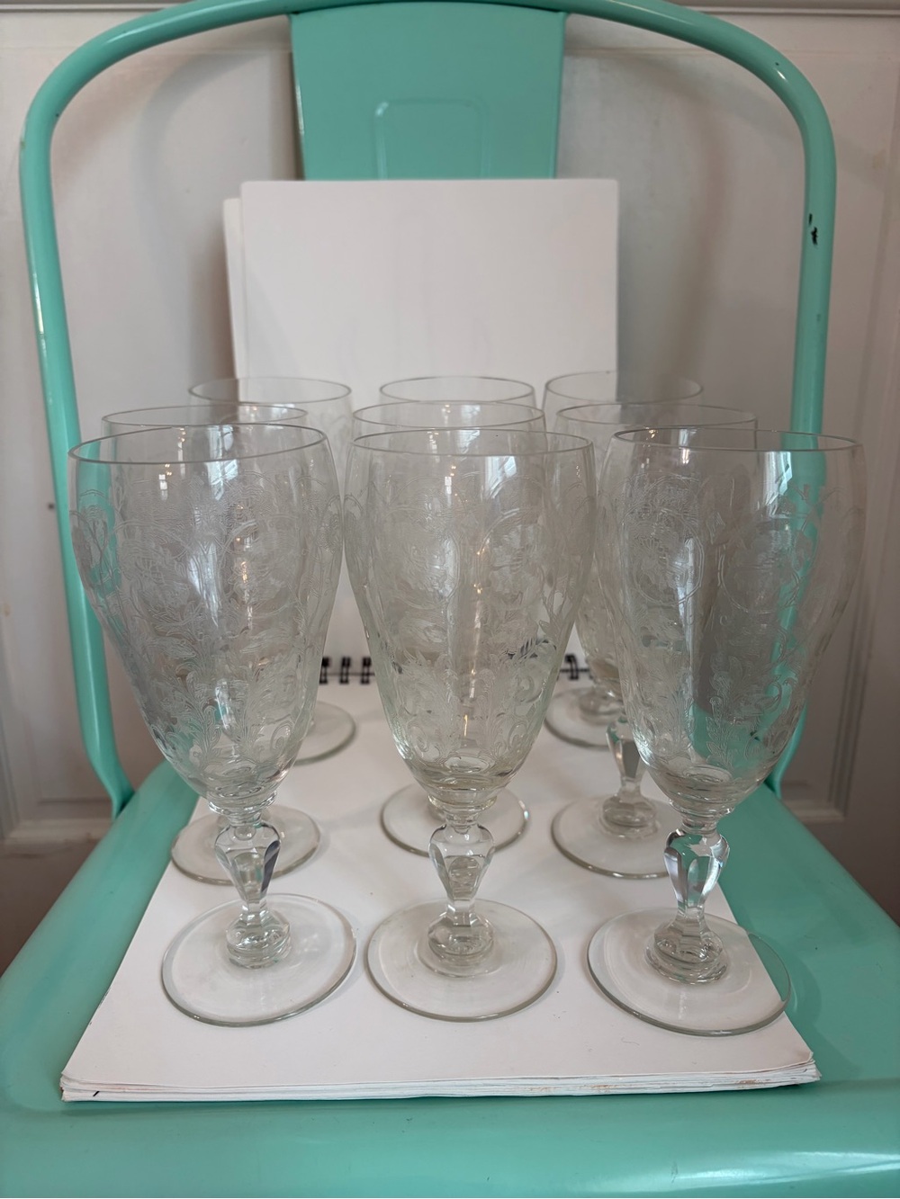 Rare Anthropologie Horta Etched Iced Tea Pedestal Glasses-Set of 9